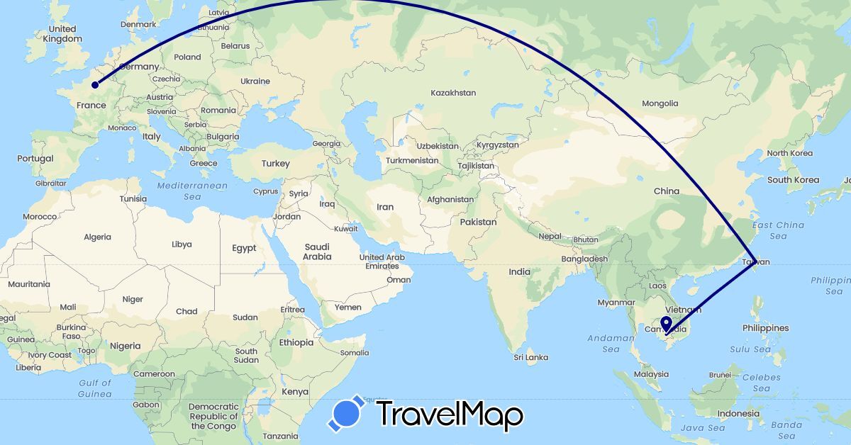 TravelMap itinerary: driving in France, Cambodia, Taiwan (Asia, Europe)